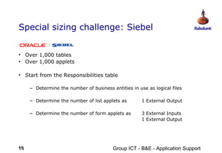 Special sizing challenge: Siebel


• Over 1,000 tables
• Over 1,000 applets

• Start from the Responsibilities table

     – Determine the number of business entities in use as logical files

     – Determine the number of list applets as        1 External Output

     – Determine the number of form applets as        3 External Inputs
                                                      1 External Output




14
14                                       Group ICT - B&E - Application Support
 