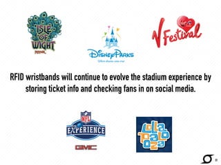 RFID wristbands will continue to evolve the stadium experience by 
storing ticket info and checking fans in on social media. 
http://www.adweek.com/ 
22 
 