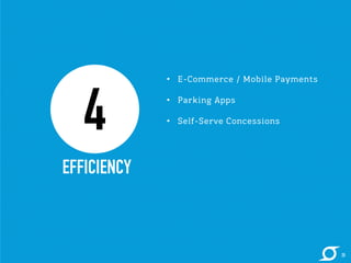 • E-Commerce / Mobile Payments 
• Parking Apps 
• Self-Serve Concessions 
4 
EFFICIENCY 
25 
 