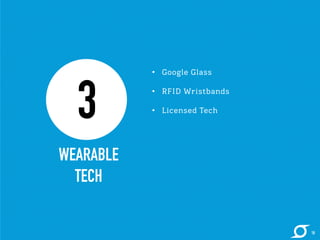• Google Glass 
• RFID Wristbands 
• Licensed Tech 
3 
WEARABLE 
TECH 
18 
 