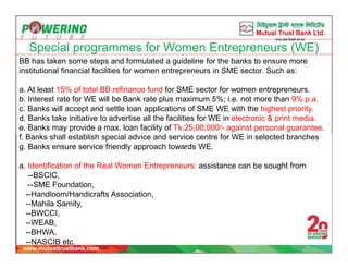 Special programmes for Women Entrepreneurs (WE)
BB has taken some steps and formulated a guideline for the banks to ensure more
institutional financial facilities for women entrepreneurs in SME sector. Such as:
a. At least 15% of total BB refinance fund for SME sector for women entrepreneurs.
b. Interest rate for WE will be Bank rate plus maximum 5%; i.e. not more than 9% p.a.
c. Banks will accept and settle loan applications of SME WE with the highest priority.
d. Banks take initiative to advertise all the facilities for WE in electronic & print media.
e. Banks may provide a max. loan facility of Tk.25,00,000/- against personal guarantee.
f. Banks shall establish special advice and service centre for WE in selected branches
g. Banks ensure service friendly approach towards WE.
a. Identification of the Real Women Entrepreneurs: assistance can be sought from
--BSCIC,
--SME Foundation,
--Handloom/Handicrafts Association,
--Mahila Samity,
--BWCCI,
--WEAB,
--BHWA,
--NASCIB etc.
 
