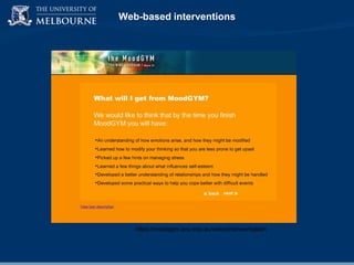 Web-based interventions

https://moodgym.anu.edu.au/welcome/new/splash

 