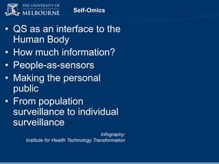Self-Omics

• QS as an interface to the
Human Body
• How much information?
• People-as-sensors
• Making the personal
public
• From population
surveillance to individual
surveillance
Infography:
Institute for Health Technology Transformation

 