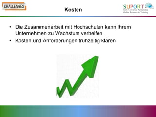Kosten


• Die Zusammenarbeit mit Hochschulen kann Ihrem
  Unternehmen zu Wachstum verhelfen
• Kosten und Anforderungen frühzeitig klären
 