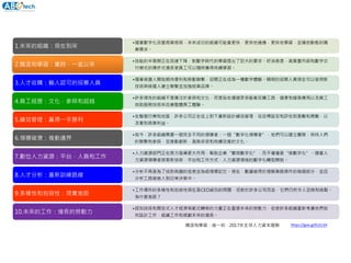 •隨著數字化改變商業格局，未來成功的組織可能會更快，更快地適應，更快地學習，並擁抱動態的職
業需求。
1.未來的組織：現在到來
•技能的半衰期正在迅速下降，對數字時代的學習提出了巨大的要求。好消息是，高質量內容和數字交
付模式的爆炸式增長使員工可以隨時獲得持續學習。
2.職涯和學習：實時，一直以來
•隨著候選人開始期待便利和移動聯繫，招聘正在成為一種數字體驗。精明的招聘人員現在可以使用新
技術與候選人建立聯繫並加強就業品牌。
3.人才收購：輸入認可的招募人員
•許多領先的組織不是專注於參與和文化，而是旨在通過眾多脈衝反饋工具，健康和健身應用以及員工
自助服務技術來改善整體員工體驗。
4.員工經歷：文化，參與和超越
•在整個行業和地區，許多公司正在從上到下重新設計績效管理，從目標設定和評估到激勵和獎勵，以
及看到商業利益。
5.績效管理：贏得一手勝利
•如今，許多組織需要一個完全不同的領導者：一個“數字化領導者”，他們可以建立團隊，保持人們
的聯繫和參與，並推動創新，風險承受和持續改進的文化。
6.領導破壞：推動邊界
•人力資源部門正在努力發揮更大作用，幫助企業“實現數字化”，而不僅僅是“做數字化”。隨著人
力資源領導者探索新技術，平台和工作方式，人力資源領域的數字化轉型開始。
7.數位人力資源：平台，人員和工作
•分析不再是為了找到有趣的信息並為經理標記它。現在，數據被用於理解業務操作的每個部分，並且
分析工具被嵌入到日常決策中。
8.人才分析：重新訓練路線
•工作場所的多樣性和包容性現在是CEO級別的問題，但對於許多公司而言，它們仍然令人沮喪和挑戰。
為什麼差距？
9.多樣性和包容性：現實差距
•認知技術和開放式人才經濟等範式轉移的力量正在重塑未來的勞動力，促使許多組織重新考慮他們如
何設計工作，組織工作和規劃未來的增長。
10.未來的工作：增長的勞動力
https://goo.gl/EUi13A職涯和學習：這一刻，2017年全球人力資本趨勢
 