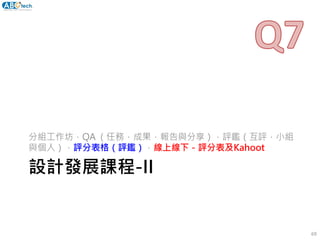 設計發展課程-II
分組工作坊，QA （任務，成果，報告與分享），評鑑（互評，小組
與個人），評分表格（評鑑），線上線下－評分表及Kahoot
69
 