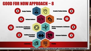 GOOD FOR NOW APPROACH ~ 8
Design Thinking
SoftwareDelivery
Building Functional
Prototypes
Lean Startup & Continuous
Deployment
Fundraising
Creative Problem Solving
UX Design
Metrics Framework & Continuous
Testing
CustomerValidation
Pitching
Adapted from http://www.slideshare.net/djarjoura/the-skills-needed-by-individuals-to-become-a-digital-entrepreneur/17
2
1
34
5 7
6
8
 
