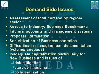 Demand Side Issues 
 Assessment of total demand by region/ 
sector 
 Access to Industry/ Business Benchmarks 
 Informal accounts and management systems 
 Proposal Formulation 
 Securitization of Business operation 
 Difficulties in managing loan documentation 
(volume/language) 
 Inadequate capitalization particularly for 
New Business and issues of 
rriisskk mmiittiiggaattiioonn 
ssttaarrtt--uupp ffiinnaanncciinngg 
ccoollllaatteerraalliizzaattiioonn 
 
