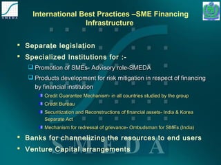 International Best Practices –SME Financing 
Infrastructure 
 Separate legislation 
 Specialized Institutions for :- 
 Promotion of SMEs- AAddvviissoorryy rroollee--SSMMEEDDAA 
 PPrroodduuccttss ddeevveellooppmmeenntt ffoorr rriisskk mmiittiiggaattiioonn iinn rreessppeecctt ooff ffiinnaanncciinngg 
bbyy ffiinnaanncciiaall iinnssttiittuuttiioonn 
CCrreeddiitt GGuuaarraanntteeee MMeecchhaanniissmm-- iinn aallll ccoouunnttrriieess ssttuuddiieedd bbyy tthhee ggrroouupp 
CCrreeddiitt BBuurreeaauu 
SSeeccuurriittiizzaattiioonn aanndd RReeccoonnssttrruuccttiioonnss ooff ffiinnaanncciiaall aasssseettss-- IInnddiiaa && KKoorreeaa 
SSeeppaarraattee AAcctt 
MMeecchhaanniissmm ffoorr rreeddrreessssaall ooff ggrriieevvaannccee-- OOmmbbuuddssmmaann ffoorr SSMMEEss ((IInnddiiaa)) 
 Banks for channelizing the resources to end users 
 Venture Capital arrangements 
 