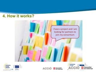 een.ec.europa.eu
I have a project and I am
looking for partners to
join my consortium
4. How it works?
 