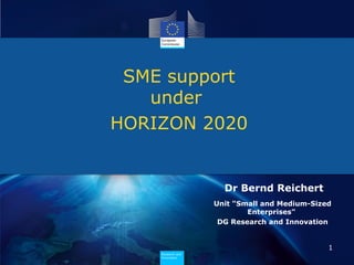 SME support
under
HORIZON 2020

Dr Bernd Reichert
Unit "Small and Medium-Sized
Enterprises"
DG Research and Innovation

1
Research and
Research and
Innovation
Innovation

 