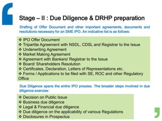 Stage – II : Due Diligence & DRHP preparation
Drafting of Offer Document and other important agreements, documents and
resolutions necessary for an SME IPO. An indicative list is as follows:
 IPO Offer Document
 Tripartite Agreement with NSDL, CDSL and Registrar to the Issue
 Underwriting Agreement
 Market Making Agreement
 Agreement with Bankers/ Registrar to the Issue
 Board/ Shareholders Resolution
 Certificates, Declaration, Letters of Representations etc.
 Forms / Applications to be filed with SE, ROC and other Regulatory
Office
Due Diligence spans the entire IPO process. The broader steps involved in due
diligence exercise:
 Decision on Public Issue
 Business due diligence
 Legal & Financial due diligence
 Due diligence on the applicability of various Regulations
 Disclosures in Prospectus
 
