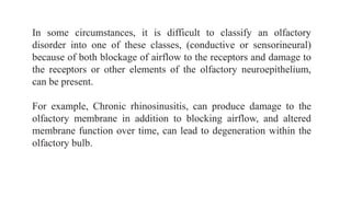 In some circumstances, it is difficult to classify an olfactory
disorder into one of these classes, (conductive or sensorineural)
because of both blockage of airflow to the receptors and damage to
the receptors or other elements of the olfactory neuroepithelium,
can be present.
For example, Chronic rhinosinusitis, can produce damage to the
olfactory membrane in addition to blocking airflow, and altered
membrane function over time, can lead to degeneration within the
olfactory bulb.
 