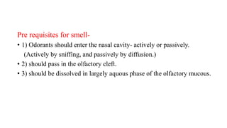 Pre requisites for smell-
• 1) Odorants should enter the nasal cavity- actively or passively.
(Actively by sniffing, and passively by diffusion.)
• 2) should pass in the olfactory cleft.
• 3) should be dissolved in largely aquous phase of the olfactory mucous.
 