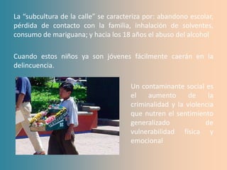 La “subcultura de la calle” se caracteriza por: abandono escolar,
pérdida de contacto con la familia, inhalación de solventes,
consumo de mariguana; y hacia los 18 años el abuso del alcohol

Cuando estos niños ya son jóvenes fácilmente caerán en la
delincuencia.

                                      Un contaminante social es
                                      el    aumento      de    la
                                      criminalidad y la violencia
                                      que nutren el sentimiento
                                      generalizado            de
                                      vulnerabilidad física y
                                      emocional
 
