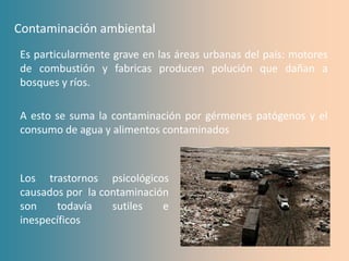 Contaminación ambiental
Es particularmente grave en las áreas urbanas del país: motores
de combustión y fabricas producen polución que dañan a
bosques y ríos.

A esto se suma la contaminación por gérmenes patógenos y el
consumo de agua y alimentos contaminados



Los trastornos psicológicos
causados por la contaminación
son    todavía    sutiles   e
inespecíficos
 