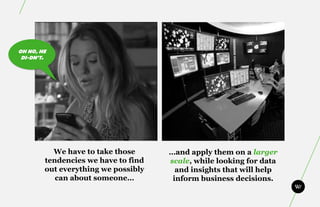 OH NO, HE
 DI-DN’T.




          We have to take those      …and apply them on a larger
        tendencies we have to find   scale, while looking for data
        out everything we possibly     and insights that will help
           can about someone…         inform business decisions.
 