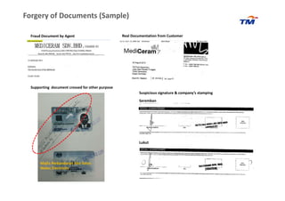 Forgery of Documents (Sample)
Fraud Document by Agent Real Documentation from Customer
Supporting document crossed for other purpose
Suspicious signature & company’s stamping
Seremban
Majlis Perbandaran Alor Setar,
Water, Electricity
Seremban
Lukut
 