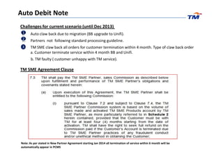 TM SME Agreement Clause
Challenges for current scenario (until Dec 2013)
1I. Auto claw back due to migration (BB upgrade to Unifi).
II. Partners not following standard processing guideline.
• TM SME claw back all orders for customer termination within 4 month. Type of claw back order
a. Customer terminate service within 4 month BB and Unifi.
b. TM faulty ( customer unhappy with TM service).
2
3
Auto Debit Note
Note: As per stated in New Partner Agreement starting Jan 2014 all termination of service within 6 month will be
automatically appear in PCMS
 