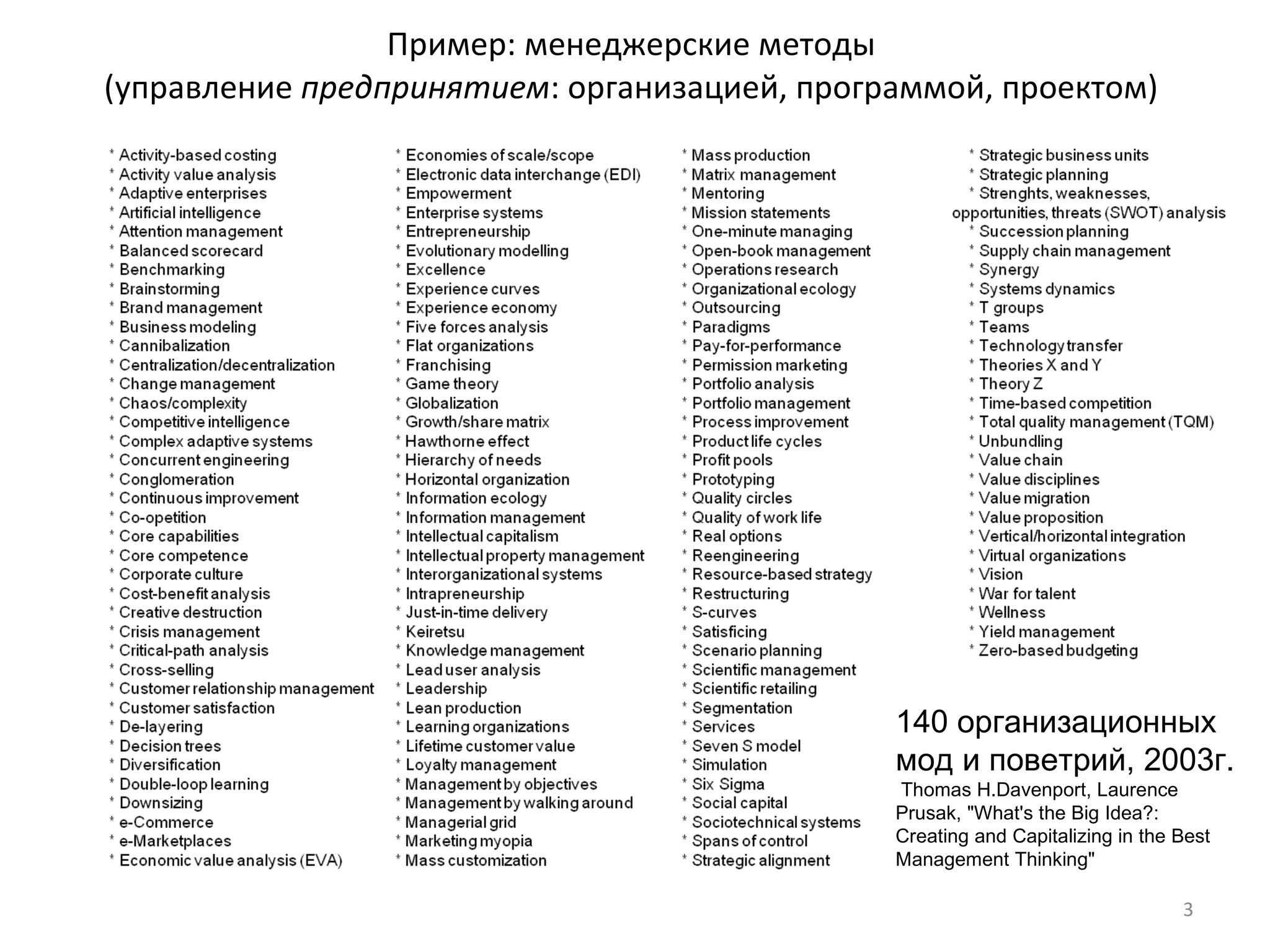 Пример: менеджерские методы (управление  предпринятием : организацией, программой, проектом) 140  организационных мод и поветрий, 2003г.  Thomas H.Davenport, Laurence Prusak, "What's the Big Idea?: Creating and Capitalizing in the Best Management Thinking"  