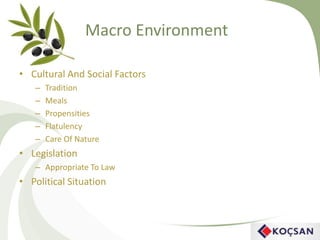 Macro Environment
• Cultural And Social Factors
– Tradition
– Meals
– Propensities
– Flatulency
– Care Of Nature
• Legislation
– Appropriate To Law
• Political Situation
 