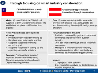 2

… through focusing on smart industry collaboration
Chile BHP Billiton – world
class supplier program

Clusterland Upper Austria –
innovation through cooperation

•

Vision: Convert 250 of the 3000+ local
suppliers to BHP Copper mining cluster into
world class suppliers (>30% sales from
exports)

•

Goal: Promote innovation in Upper Austria
province in 6 clusters (e.g., auto, plastic etc)
and 3 cross-cutting themes (HR, design, energy
efficiency)

•

How: Project-based development
strategy
• Project problem floated by mining co
• Suppliers need to innovate to solve
• Suppliers supported by mining
co, univs, govt
• Suppliers supported in scaling up and
exporting successful solutions

•

How: Collaborative Projects
• Institution co-owned by govt and chamber of
commerce and federation of austrian
industry
• 76% self-financed through annual fees from
companies
• Main goal is to catalyse multi-company
innovation projects, which eventually are
submitted as proposal for bigger funding

•

Example: Prodinsa (local supplier)
improved shovel cable life by 40%;
Biohydro automated wetting phase in
Copper leaching process

•

Impact:
• 323 projects, 1375 partners
• E.g., microchip prototype for dental braces to
monitor temperature;
10

 