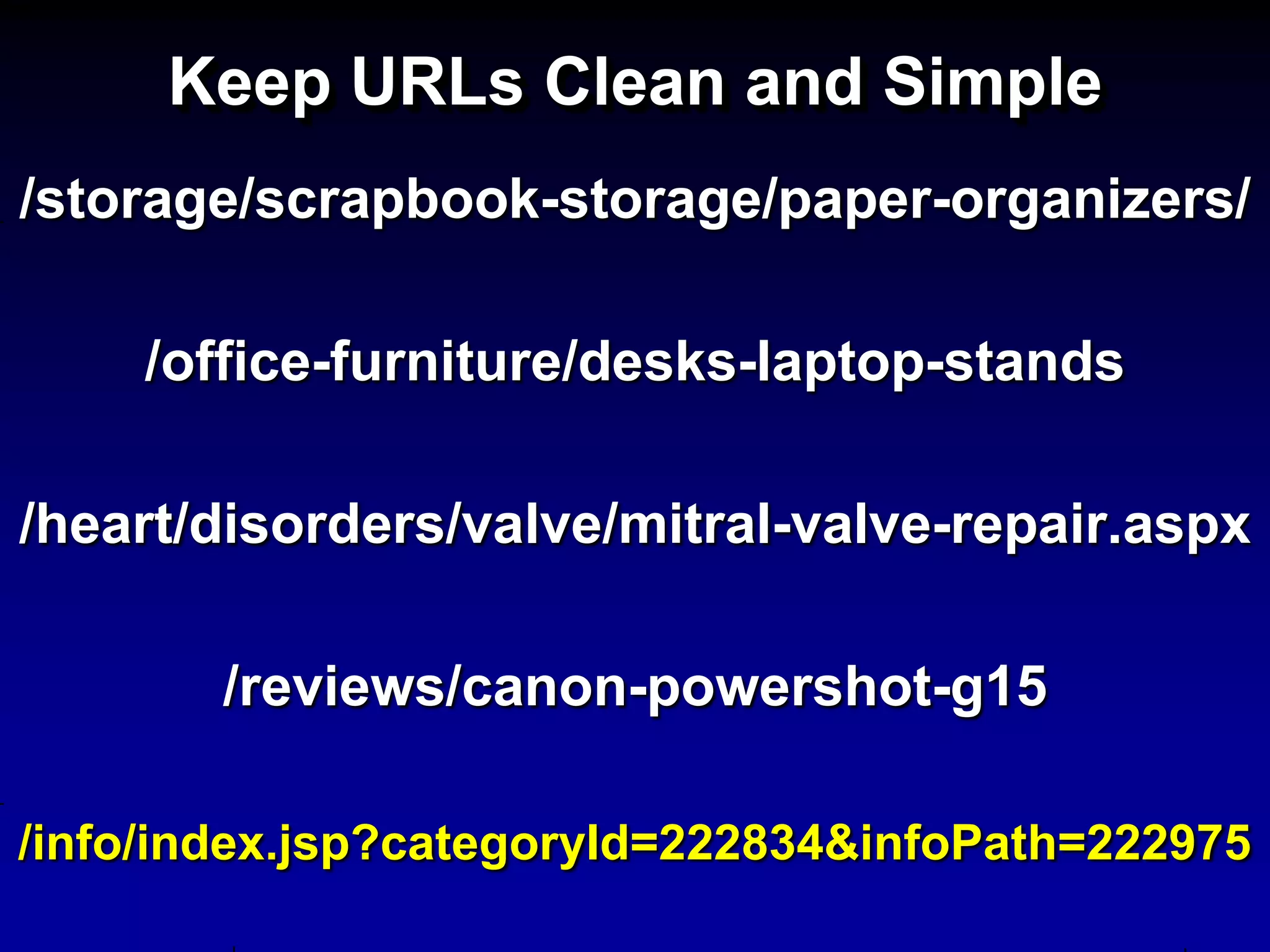 Keep URLs Clean and Simple
/storage/scrapbook-storage/paper-organizers/

     /office-furniture/desks-laptop-stands

/heart/disorders/valve/mitral-valve-repair.aspx

        /reviews/canon-powershot-g15

/info/index.jsp?categoryId=222834&infoPath=222975
 