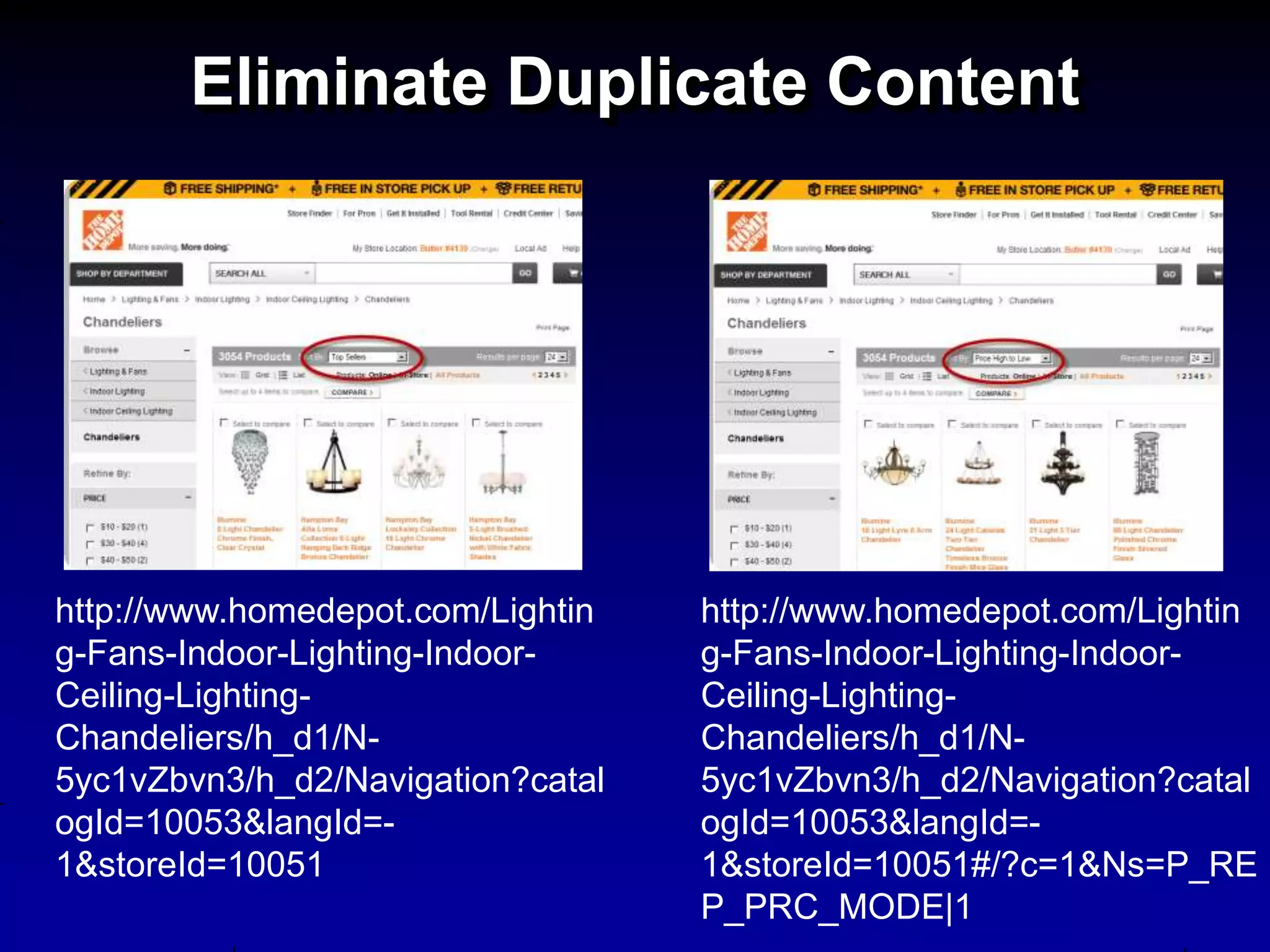 Eliminate Duplicate Content




http://www.homedepot.com/Lightin   http://www.homedepot.com/Lightin
g-Fans-Indoor-Lighting-Indoor-     g-Fans-Indoor-Lighting-Indoor-
Ceiling-Lighting-                  Ceiling-Lighting-
Chandeliers/h_d1/N-                Chandeliers/h_d1/N-
5yc1vZbvn3/h_d2/Navigation?catal   5yc1vZbvn3/h_d2/Navigation?catal
ogId=10053&langId=-                ogId=10053&langId=-
1&storeId=10051                    1&storeId=10051#/?c=1&Ns=P_RE
                                   P_PRC_MODE|1
 