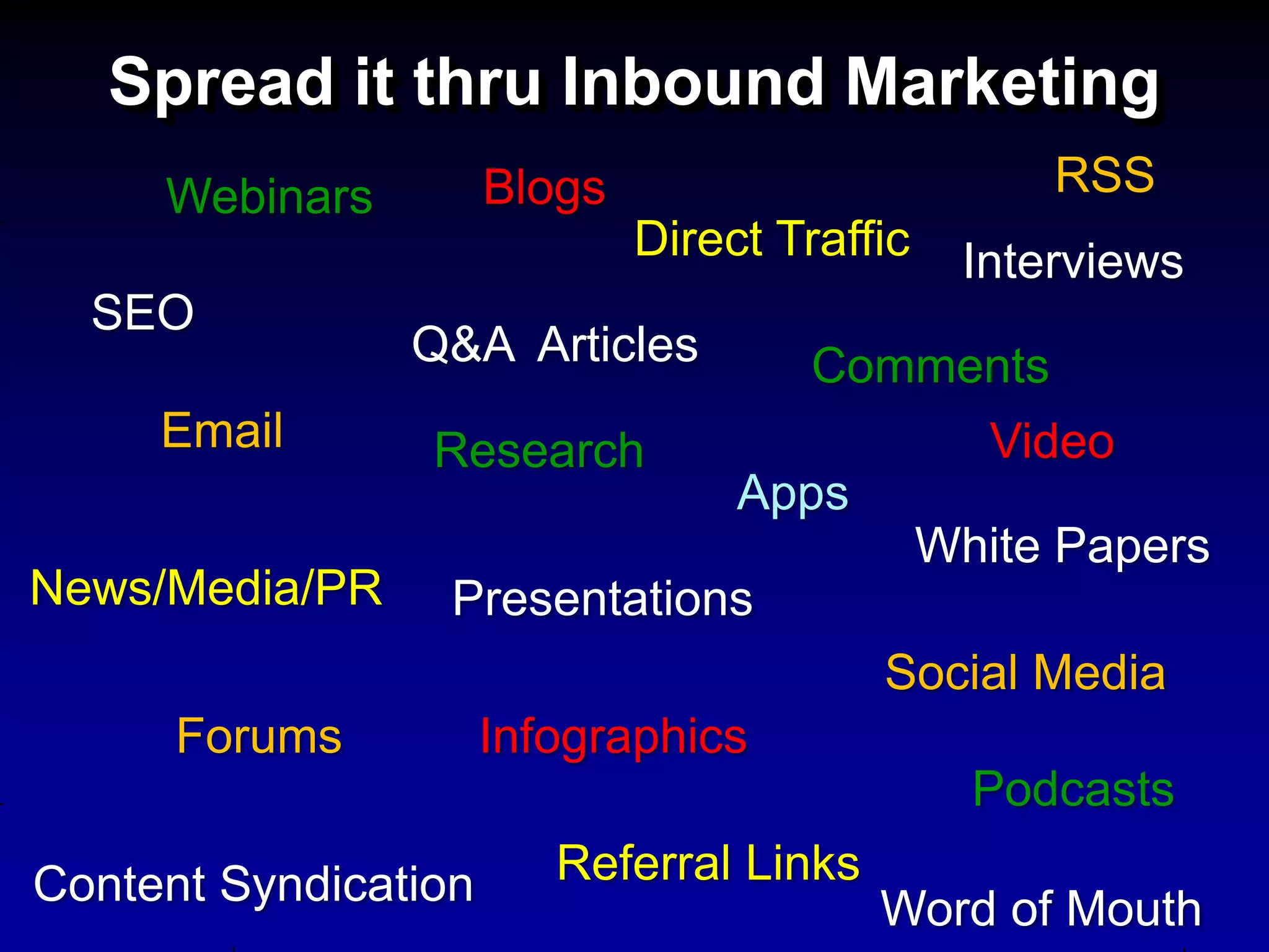 Spread it thru Inbound Marketing
     Webinars         Blogs                         RSS
                              Direct Traffic    Interviews
  SEO
                Q&A Articles           Comments
     Email       Research                         Video
                                   Apps
                                               White Papers
News/Media/PR     Presentations
                                          Social Media
      Forums          Infographics
                                                 Podcasts
Content Syndication      Referral Links
                                          Word of Mouth
 