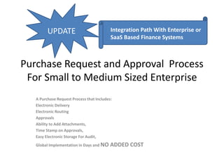 Purchase Request and Approval Process
For Small to Medium Sized Enterprise
A Purchase Request Process that Includes:
Electronic Delivery
Electronic Routing
Approvals
Ability to Add Attachments,
Time Stamp on Approvals,
Easy Electronic Storage For Audit,
Global Implementation in Days and NO ADDED COST
UPDATE Integration Path With Enterprise or
SaaS Based Finance Systems
 