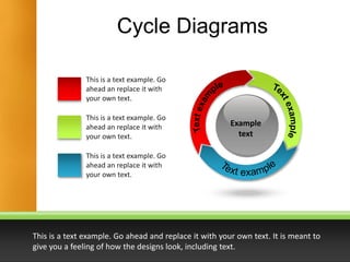 Example
text
This is a text example. Go ahead and replace it with your own text. It is meant to
give you a feeling of how the designs look, including text.
This is a text example. Go
ahead an replace it with
your own text.
This is a text example. Go
ahead an replace it with
your own text.
This is a text example. Go
ahead an replace it with
your own text.
Cycle Diagrams
 
