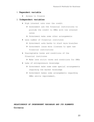 Research Methods for Business


  1. Dependent variable

       •    Access to finance
  2. Independent variables

       •   High interest rate over the credit
             Government ask the financial institutions to
              provide the credit to SMEs with low interest
              rates
             Government make some other arrangements
       •   Less number of financial institutes
             Government asks banks to start more branches
             Government issue more licenses to open new
              financial institutions
       •   Unacceptable terms and conditions of the
           financial institutes
             Make less strict terms and conditions for SMEs
       •   Lake of entrepreneurs knowledge
             Government make some some special arrangements
              regarding the market knowledge
             Government makes some arrangements regarding
              SMEs skills improvement.




RELATIONSHIP OF INDEPENDENT VARIABLES AND ITS ELEMENTS
Criteria


                                                              23
 