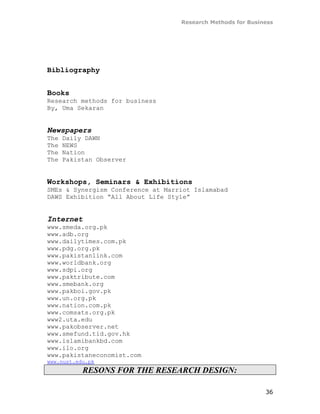 Research Methods for Business




Bibliography


Books
Research methods for business
By, Uma Sekaran


Newspapers
The   Daily DAWN
The   NEWS
The   Nation
The   Pakistan Observer


Workshops, Seminars & Exhibitions
SMEs & Synergism Conference at Marriot Islamabad
DAWS Exhibition “All About Life Style”


Internet
www.smeda.org.pk
www.adb.org
www.dailytimes.com.pk
www.pdg.org.pk
www.pakistanlink.com
www.worldbank.org
www.sdpi.org
www.paktribute.com
www.smebank.org
www.pakboi.gov.pk
www.un.org.pk
www.nation.com.pk
www.comsats.org.pk
www2.uta.edu
www.pakobserver.net
www.smefund.tid.gov.hk
www.islamibankbd.com
www.ilo.org
www.pakistaneconomist.com
www.nust.edu.pk
           RESONS FOR THE RESEARCH DESIGN:

                                                             36
 