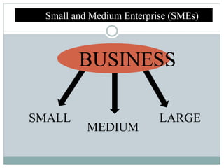 Small and Medium Enterprise (SMEs)
BUSINESS
SMALL
MEDIUM
LARGE
 