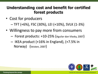 Understanding cost and benefit for certified
forest products
• Cost for producers
– TFT (+6%), FSC (30%), LEI (+10%), SVLK...
