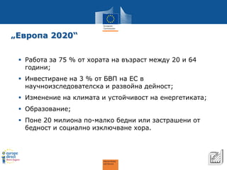 4 
„Европа 2020“ 
 
Работа за 75 % от хората на възраст между 20 и 64 години; 
 
Инвестиране на 3 % от БВП на ЕС в научноизследователска и развойна дейност; 
 
Изменение на климата и устойчивост на енергетиката; 
 
Образование; 
 
Поне 20 милиона по-малко бедни или застрашени от бедност и социално изключване хора.  