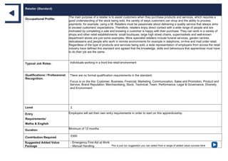 Retailer (Standard)
Occupational Profile:
The main purpose of a retailer is to assist customers when they purchase products and services, which requires a
good understanding of the stock being sold, the variety of ways customers can shop and the ability to process
payments, for example, using a till. Retailers must be passionate about delivering a quality service that always aims
to exceed customers’ expectations. Therefore, retailers enjoy direct contact with a wide range of people and are
motivated by completing a sale and knowing a customer is happy with their purchase. They can work in a variety of
shops and other retail establishments: small boutiques, large high street chains, supermarkets and well-known
department stores are just some examples. More specialist retailers include funeral services, garden centres,
delicatessens and people who work in remote environments for example in telephone, on-line and mail order retail.
Regardless of the type of products and services being sold, a wide representation of employers from across the retail
industry have defined this standard and agreed that the knowledge, skills and behaviours that apprentices must have
to do their job are the same.
Typical Job Roles: Individuals working in a front line retail environment
Qualifications / Professional
Recognition:
There are no formal qualification requirements in the standard.
Focus is on the the; Customer, Business, Financial, Marketing, Communication, Sales and Promotion, Product and
Service, Brand Reputation, Merchandising, Stock, Technical, Team, Performance, Legal & Governance, Diversity
and Environment
Level 2
Entry
Requirements/
Maths & English
Employers will set their own entry requirements in order to start on this apprenticeship.
Duration Minimum of 12 months
Contribution Required £500
Suggested Added Value
Package
- Emergency First Aid at Work
- Manual Handling This is just our suggestion you can select from a range of added value courses here
 