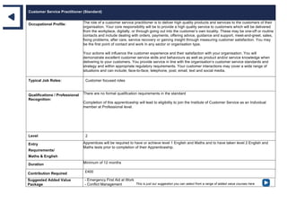 Customer Service Practitioner (Standard)
Occupational Profile: The role of a customer service practitioner is to deliver high quality products and services to the customers of their
organisation. Your core responsibility will be to provide a high quality service to customers which will be delivered
from the workplace, digitally, or through going out into the customer’s own locality. These may be one-off or routine
contacts and include dealing with orders, payments, offering advice, guidance and support, meet-and-greet, sales,
fixing problems, after care, service recovery or gaining insight through measuring customer satisfaction. You may
be the first point of contact and work in any sector or organisation type.
Your actions will influence the customer experience and their satisfaction with your organisation. You will
demonstrate excellent customer service skills and behaviours as well as product and/or service knowledge when
delivering to your customers. You provide service in line with the organisation’s customer service standards and
strategy and within appropriate regulatory requirements. Your customer interactions may cover a wide range of
situations and can include; face-to-face, telephone, post, email, text and social media.
Typical Job Roles: Customer focused roles
Qualifications / Professional
Recognition:
There are no formal qualification requirements in the standard
Completion of this apprenticeship will lead to eligibility to join the Institute of Customer Service as an Individual
member at Professional level.
Level 2
Entry
Requirements/
Maths & English
Apprentices will be required to have or achieve level 1 English and Maths and to have taken level 2 English and
Maths tests prior to completion of their Apprenticeship.
Duration Minimum of 12 months
Contribution Required £400
Suggested Added Value
Package
- Emergency First Aid at Work
- Conflict Management This is just our suggestion you can select from a range of added value courses here
 