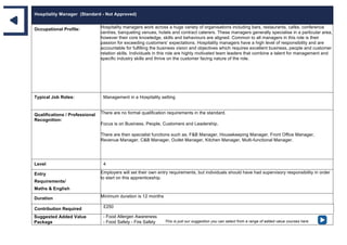Hospitality Manager (Standard - Not Approved)
Occupational Profile: Hospitality managers work across a huge variety of organisations including bars, restaurants, cafés, conference
centres, banqueting venues, hotels and contract caterers. These managers generally specialise in a particular area,
however their core knowledge, skills and behaviours are aligned. Common to all managers in this role is their
passion for exceeding customers’ expectations. Hospitality managers have a high level of responsibility and are
accountable for fulfilling the business vision and objectives which requires excellent business, people and customer
relation skills. Individuals in this role are highly motivated team leaders that combine a talent for management and
specific industry skills and thrive on the customer facing nature of the role.
Typical Job Roles: Management in a Hospitality setting
Qualifications / Professional
Recognition:
There are no formal qualification requirements in the standard.
Focus is on Business, People, Customers and Leadership.
There are then specialist functions such as; F&B Manager, Housekeeping Manager, Front Office Manager,
Revenue Manager, C&B Manager, Outlet Manager, Kitchen Manager, Multi-functional Manager.
Level 4
Entry
Requirements/
Maths & English
Employers will set their own entry requirements, but individuals should have had supervisory responsibility in order
to start on this apprenticeship.
Duration Minimum duration is 12 months
Contribution Required £250
Suggested Added Value
Package
- Food Allergen Awareness
- Food Safety - Fire Safety This is just our suggestion you can select from a range of added value courses here
 