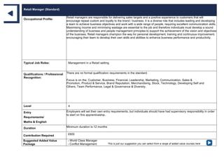 Retail Manager (Standard)
Occupational Profile:
Retail managers are responsible for delivering sales targets and a positive experience to customers that will
encourage repeat custom and loyalty to the brand / business. It is a diverse role that includes leading and developing
a team to achieve business objectives and work with a wide range of people, requiring excellent communication skills.
Maximising income and minimising wastage are essential to the job and therefore individuals must develop a sound
understanding of business and people management principles to support the achievement of the vision and objectives
of the business. Retail managers champion the way for personal development, training and continuous improvement,
encouraging their team to develop their own skills and abilities to enhance business performance and productivity.
Typical Job Roles: Management in a Retail setting
Qualifications / Professional
Recognition:
There are no formal qualification requirements in the standard.
Focus is on the; Customer, Business, Financial, Leadership, Marketing, Communication, Sales &
Promotion, Product & Service, Brand Reputation, Merchandising, Stock, Technology, Developing Self and
Others, Team Performance, Legal & Governance & Diversity.
Level 4
Entry
Requirements/
Maths & English
Employers will set their own entry requirements, but individuals should have had supervisory responsibility in order
to start on this apprenticeship.
Duration Minimum duration is 12 months
Contribution Required £600
Suggested Added Value
Package
- World Class Manager
- Conflict Management This is just our suggestion you can select from a range of added value courses here
 