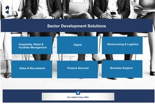 Sector Development Solutions
Hospitality, Retail &
Facilities Management
Digital Warehousing & Logistics
Sales & Recruitment Finance Services Business Support
Our Added Value Offer
 