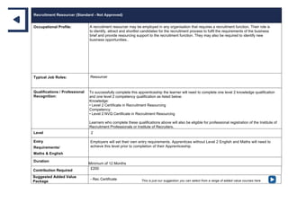 Recruitment Resourcer (Standard - Not Approved)
Occupational Profile: A recruitment resourcer may be employed in any organisation that requires a recruitment function. Their role is
to identify, attract and shortlist candidates for the recruitment process to fulfil the requirements of the business
brief and provide resourcing support to the recruitment function. They may also be required to identify new
business opportunities..
Typical Job Roles: Resourcer
Qualifications / Professional
Recognition:
To successfully complete this apprenticeship the learner will need to complete one level 2 knowledge qualification
and one level 2 competency qualification as listed below:
Knowledge:
• Level 2 Certificate in Recruitment Resourcing
Competency:
• Level 2 NVQ Certificate in Recruitment Resourcing
Learners who complete these qualifications above will also be eligible for professional registration of the Institute of
Recruitment Professionals or Institute of Recruiters.
Level 2
Entry
Requirements/
Maths & English
Employers will set their own entry requirements. Apprentices without Level 2 English and Maths will need to
achieve this level prior to completion of their Apprenticeship.
Duration
Minimum of 12 Months
Contribution Required £200
Suggested Added Value
Package
- Rec Certificate This is just our suggestion you can select from a range of added value courses here
 