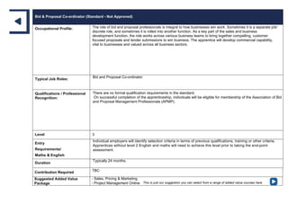 Bid & Proposal Co-ordinator (Standard - Not Approved)
Occupational Profile: The role of bid and proposal professionals is integral to how businesses win work. Sometimes it is a separate job/
discrete role, and sometimes it is rolled into another function. As a key part of the sales and business
development function, the role works across various business teams to bring together compelling, customer
focused proposals and tender submissions to win business. The apprentice will develop commercial capability,
vital to businesses and valued across all business sectors.
Typical Job Roles:
Bid and Proposal Co-ordinator
Qualifications / Professional
Recognition:
There are no formal qualification requirements in the standard.
On successful completion of the apprenticeship, individuals will be eligible for membership of the Association of Bid
and Proposal Management Professionals (APMP).
Level 3
Entry
Requirements/
Maths & English
Individual employers will identify selection criteria in terms of previous qualifications, training or other criteria.
Apprentices without level 2 English and maths will need to achieve this level prior to taking the end-point
assessment.
Duration
Typically 24 months.
Contribution Required TBC
Suggested Added Value
Package
- Sales, Pricing & Marketing
- Project Management Online This is just our suggestion you can select from a range of added value courses here
 