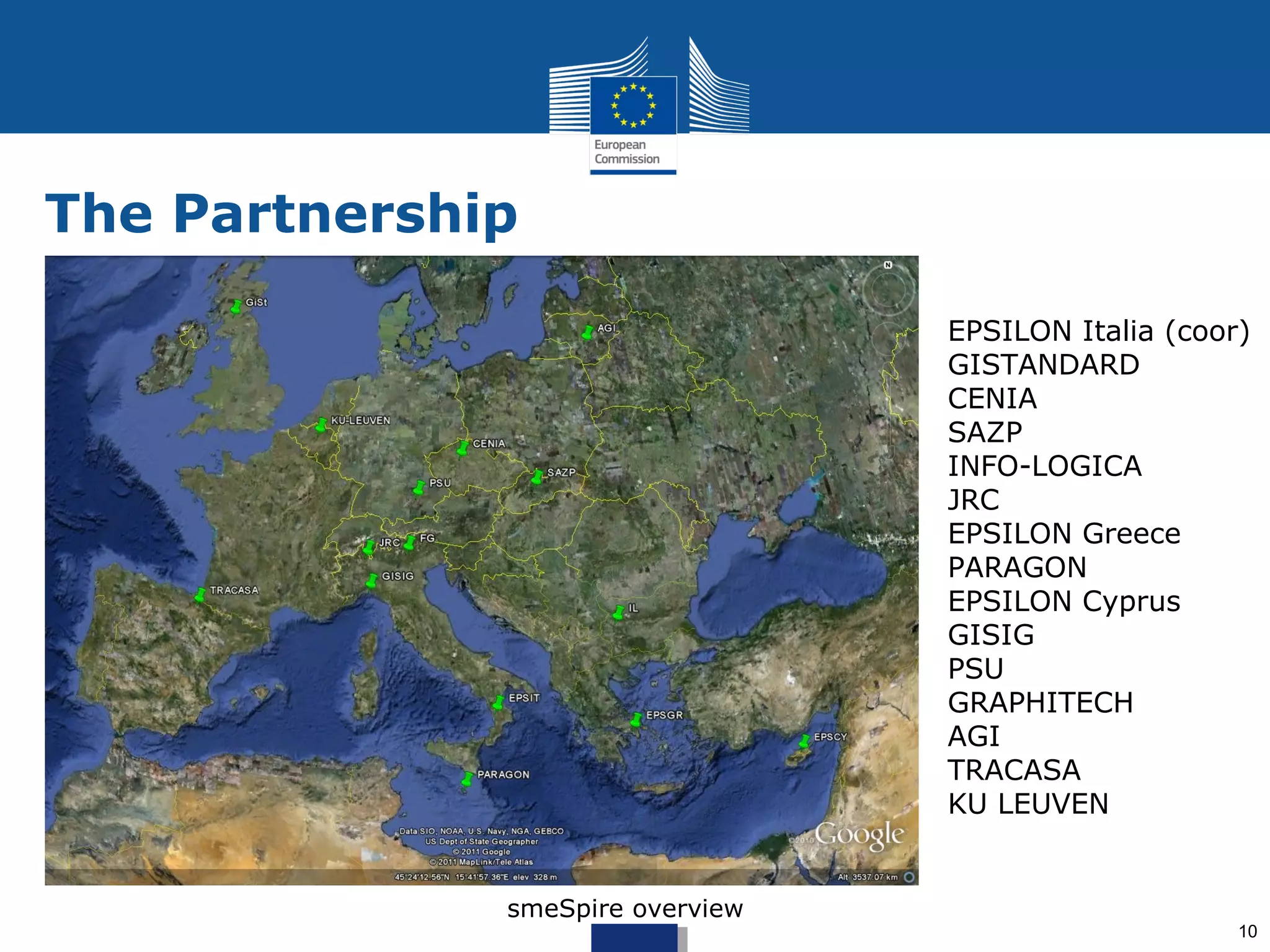 The Partnership

                                  EPSILON Italia (coor)
                                  GISTANDARD
                                  CENIA
                                  SAZP
                                  INFO-LOGICA
                                  JRC
                                  EPSILON Greece
                                  PARAGON
                                  EPSILON Cyprus
                                  GISIG
                                  PSU
                                  GRAPHITECH
                                  AGI
                                  TRACASA
                                  KU LEUVEN


              smeSpire overview
                                                      10
 
