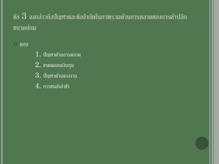 ข้อ 3 จงกล่าวถึงปัญหาและข้อจากัดในภาพรวมด้านการตลาดของการค้าปลีก
ขนาดย่อม
 ตอบ
1. ปัญหาด้านการตลาด
2. ขาดแคลนเงินทุน
3. ปัญหาด้านแรงงาน
4. การขนส่งล่าช้า
 