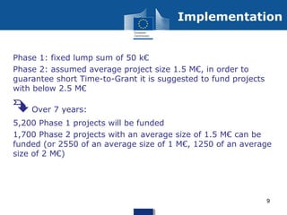 Phase 1: fixed lump sum of 50 k€
Phase 2: assumed average project size 1.5 M€, in order to
guarantee short Time-to-Grant it is suggested to fund projects
with below 2.5 M€
 Over 7 years:
5,200 Phase 1 projects will be funded
1,700 Phase 2 projects with an average size of 1.5 M€ can be
funded (or 2550 of an average size of 1 M€, 1250 of an average
size of 2 M€)
9
Implementation
 