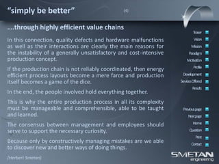 “simply be better”                             (4)



….through highly efficient value chains
                                                                           Teaser
In this connection, quality defects and hardware malfunctions               Vision
as well as their interactions are clearly the main reasons for            Mission
the instability of a generally unsatisfactory and cost-intensive        Paradigm
production concept.                                                    Motivation
                                                                            Profile
If the production chain is not reliably coordinated, then energy
efficient process layouts become a mere farce and production        Development
itself becomes a game of the dice.                                 ServicesOffered
                                                                           Results
In the end, the people involved hold everything together.
This is why the entire production process in all its complexity
must be manageable and comprehensible, able to be taught            Previous page
and learned.                                                            Nextpage

The consensus between management and employees should                      Home
serve to support the necessary curiosity.                                Question
                                                                             Print
Because only by constructively managing mistakes are we able              Contact
to discover new and better ways of doing things.
(Herbert Smetan)
 
