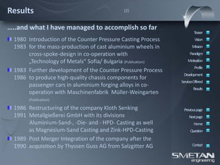 Results                                     (2)



…..and what I have managed to accomplish so far
                                                                      Teaser
  1980 Introduction of the Counter Pressure Casting Process            Vision
  1983 for the mass-production of cast aluminium wheels in           Mission
       cross-spoke-design in co-operation with                     Paradigm
       „Technology of Metals“ Sofia/ Bulgaria (Publication)       Motivation
                                                                       Profile
  1983 Further development of the Counter Pressure Process
                                                               Development
  1986 to produce high-quality chassis components for
                                                              ServicesOffered
       passenger cars in aluminium forging alloys in co-
                                                                      Results
       operation with Maschinenfabrik Müller-Weingarten
       (Publication)

  1986 Restructuring of the company Kloth Senking              Previous page
  1991 Metallgießerei GmbH with its divisions                      Nextpage
       Aluminium-Sand-, -Die- and - HPD- Casting as well              Home
       as Magnesium-Sand Casting and Zink-HPD-Casting               Question
  1989 Post Merger Integration of the company after the
  1990 acquisition by Thyssen Guss AG from Salzgitter AG             Contact
 