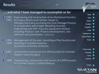 Results                                      (3)



…..and what I have managed to accomplish so far
                                                                          Teaser
  1991 Engineering and construction of an Aluminium Foundry                Vision
  1995 for Engine Blocks and Cylinder Heads in                           Mission
       Dillingen/Germany according the Core-Package-Process            Paradigm
       in co-operation with Knight Wendling Foundry                   Motivation
       Engineering and +GF+ Foundry Equipment division                     Profile
       including Product- and Process-Development, site-
                                                                   Development
       selection and permissions (Publication)
                                                                  ServicesOffered
  1995 Management of the plan, launching of the foundry and               Results
  1998 doubling of installed capacity.
       Acquisition of further products.
                                                                   Previous page
  1997 Construction and launch of a SPM-foundry for Cylinder           Nextpage
       Heads in Györ/Hungary                                              Home
                                                                        Question
  1998    Engineering, construction and launch of a SPM-foundry
         for Cylinder Heads in Saltillo/Mexico
                                                                         Contact
 