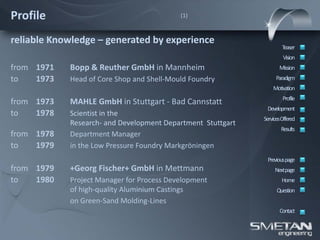Profile                                    (1)



reliable Knowledge – generated by experience
                                                                     Teaser
                                                                      Vision
from 1971   Bopp & Reuther GmbH in Mannheim                         Mission
to   1973   Head of Core Shop and Shell-Mould Foundry             Paradigm
                                                                 Motivation
                                                                      Profile
from 1973   MAHLE GmbH in Stuttgart - Bad Cannstatt
                                                              Development
to   1978   Scientist in the
                                                             ServicesOffered
            Research- and Development Department Stuttgart
                                                                     Results
from 1978   Department Manager
to   1979   in the Low Pressure Foundry Markgröningen
                                                              Previous page
from 1979   +Georg Fischer+ GmbH in Mettmann                      Nextpage
to   1980   Project Manager for Process Development                  Home
            of high-quality Aluminium Castings                     Question
            on Green-Sand Molding-Lines
                                                                    Contact
 